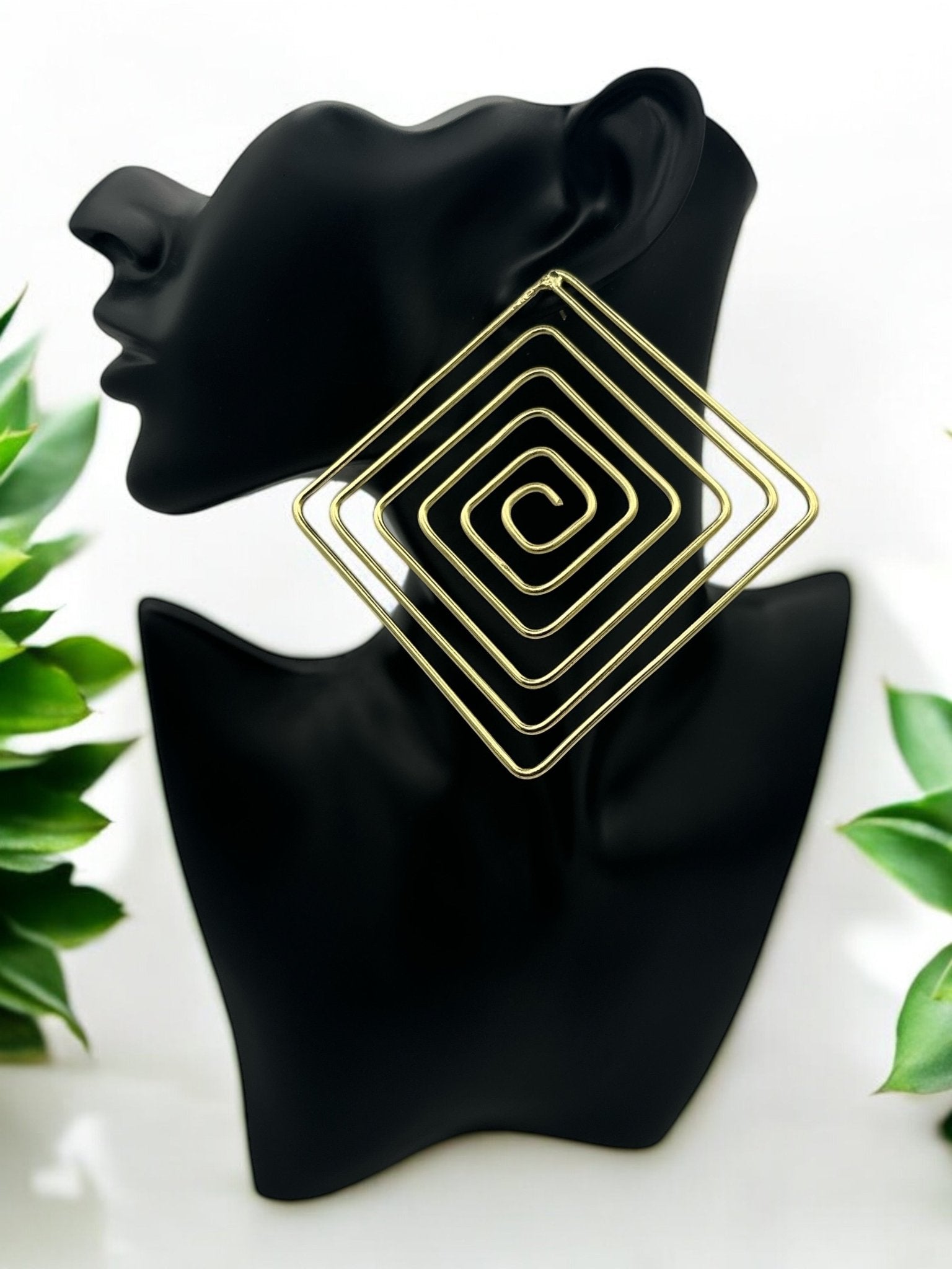 Handcrafted Geometric Spiral Square Design Brass Statement Earrings - Fatisha Boutique