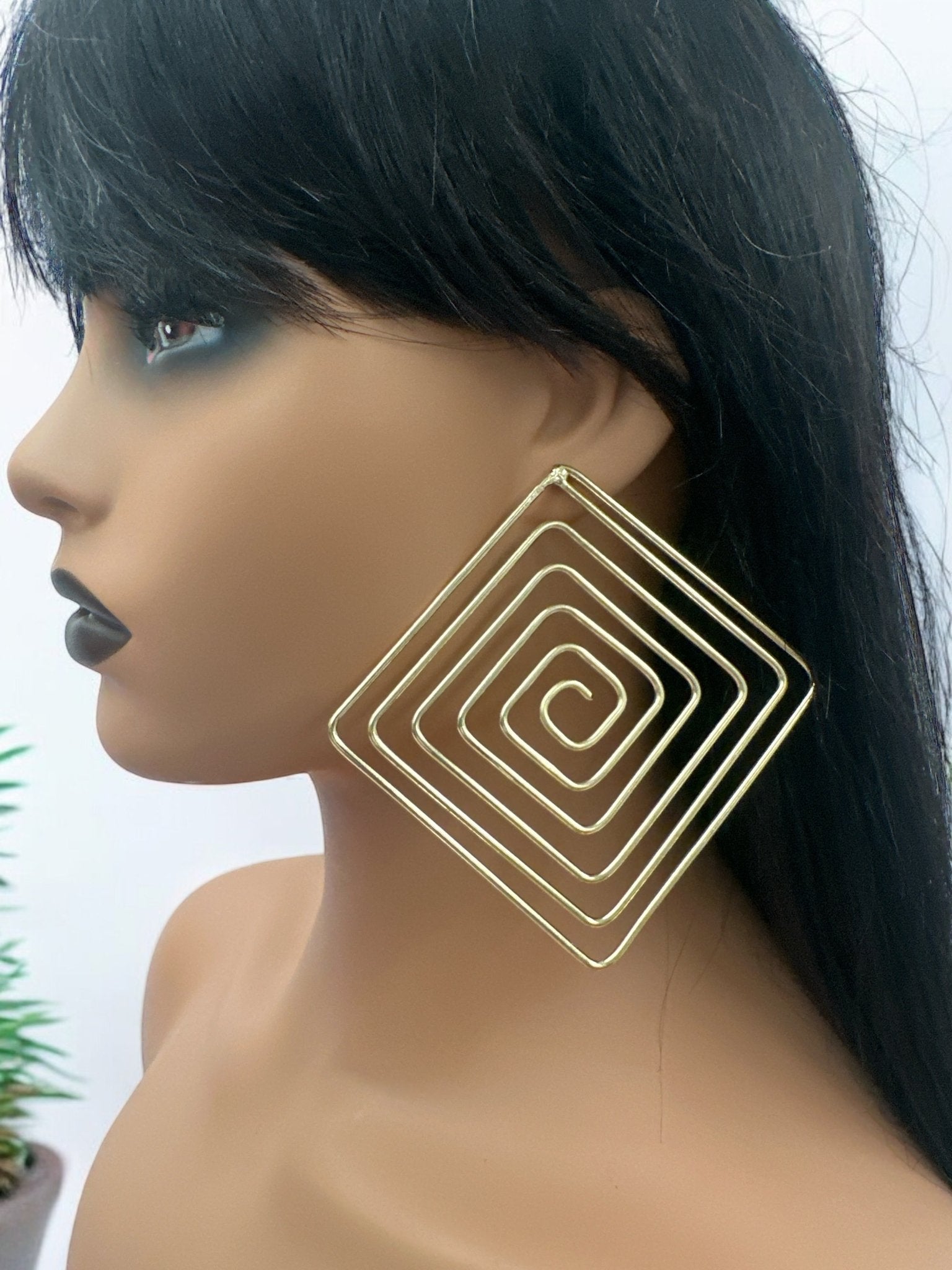 Handcrafted Geometric Spiral Square Design Brass Statement Earrings - Fatisha Boutique