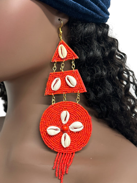 Handmade African Beaded Cowrie Shell Earrings – Long Statement Tribal Jewellery - Fatisha Boutique