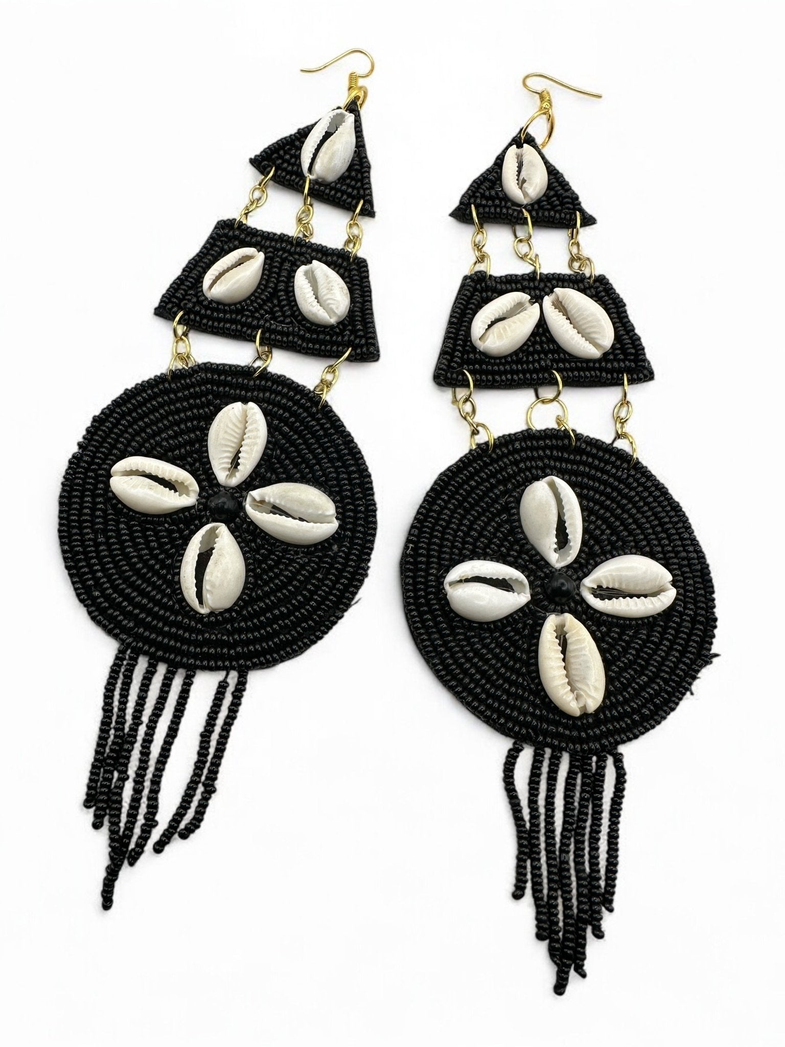 Handmade African Beaded Cowrie Shell Earrings – Long Statement Tribal Jewellery - Fatisha Boutique