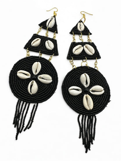 Handmade African Beaded Cowrie Shell Earrings – Long Statement Tribal Jewellery - Fatisha Boutique