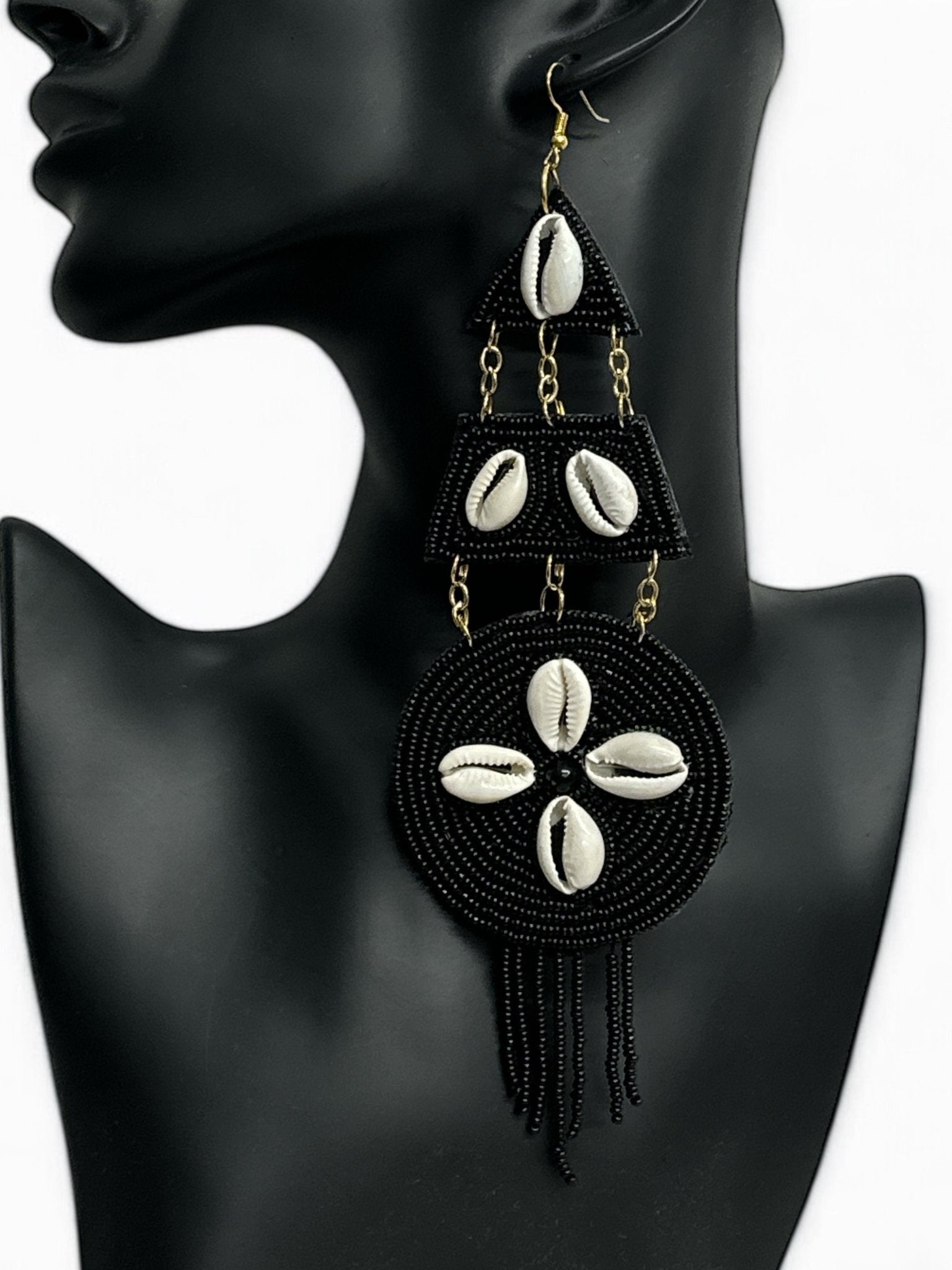 Handmade African Beaded Cowrie Shell Earrings – Long Statement Tribal Jewellery - Fatisha Boutique