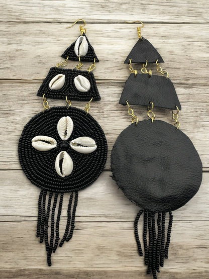Handmade African Beaded Cowrie Shell Earrings – Long Statement Tribal Jewellery - Fatisha Boutique