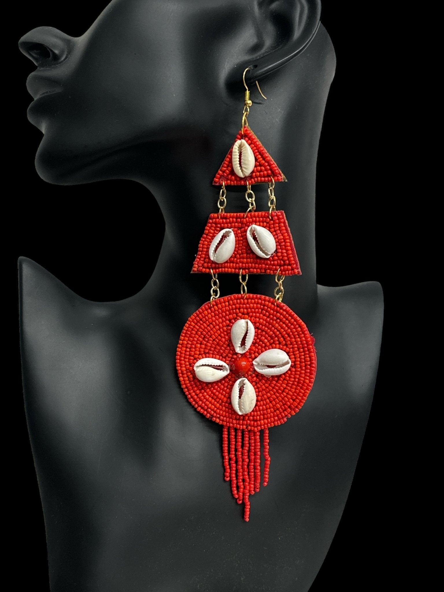 Handmade African Beaded Cowrie Shell Earrings – Long Statement Tribal Jewellery - Fatisha Boutique