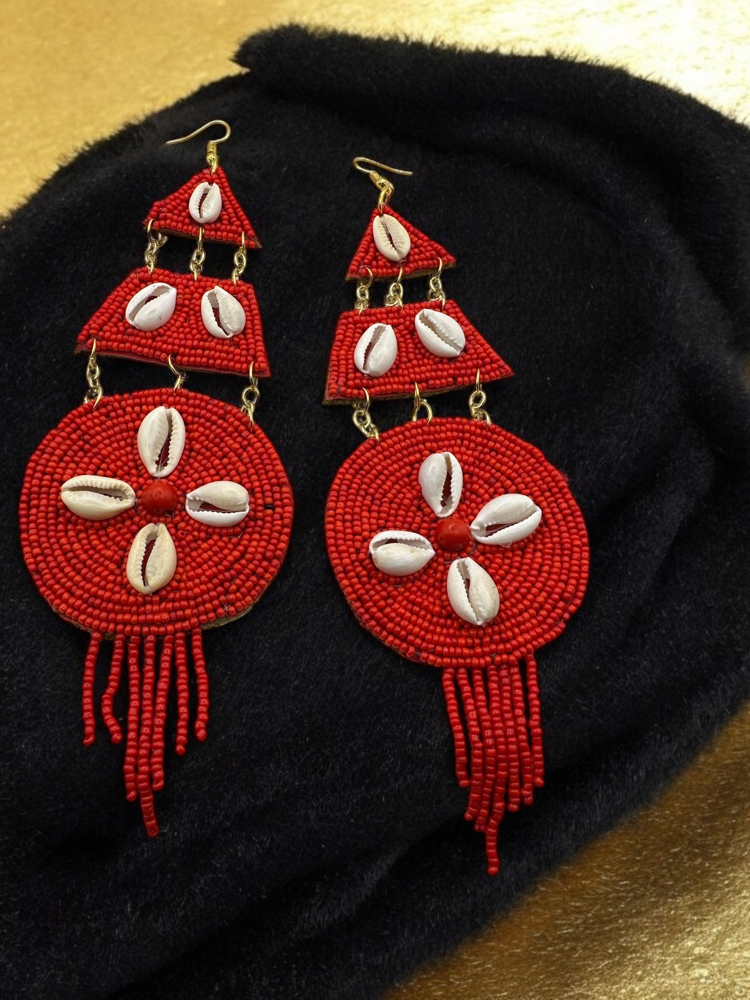 Handmade African Beaded Cowrie Shell Earrings – Long Statement Tribal Jewellery - Fatisha Boutique