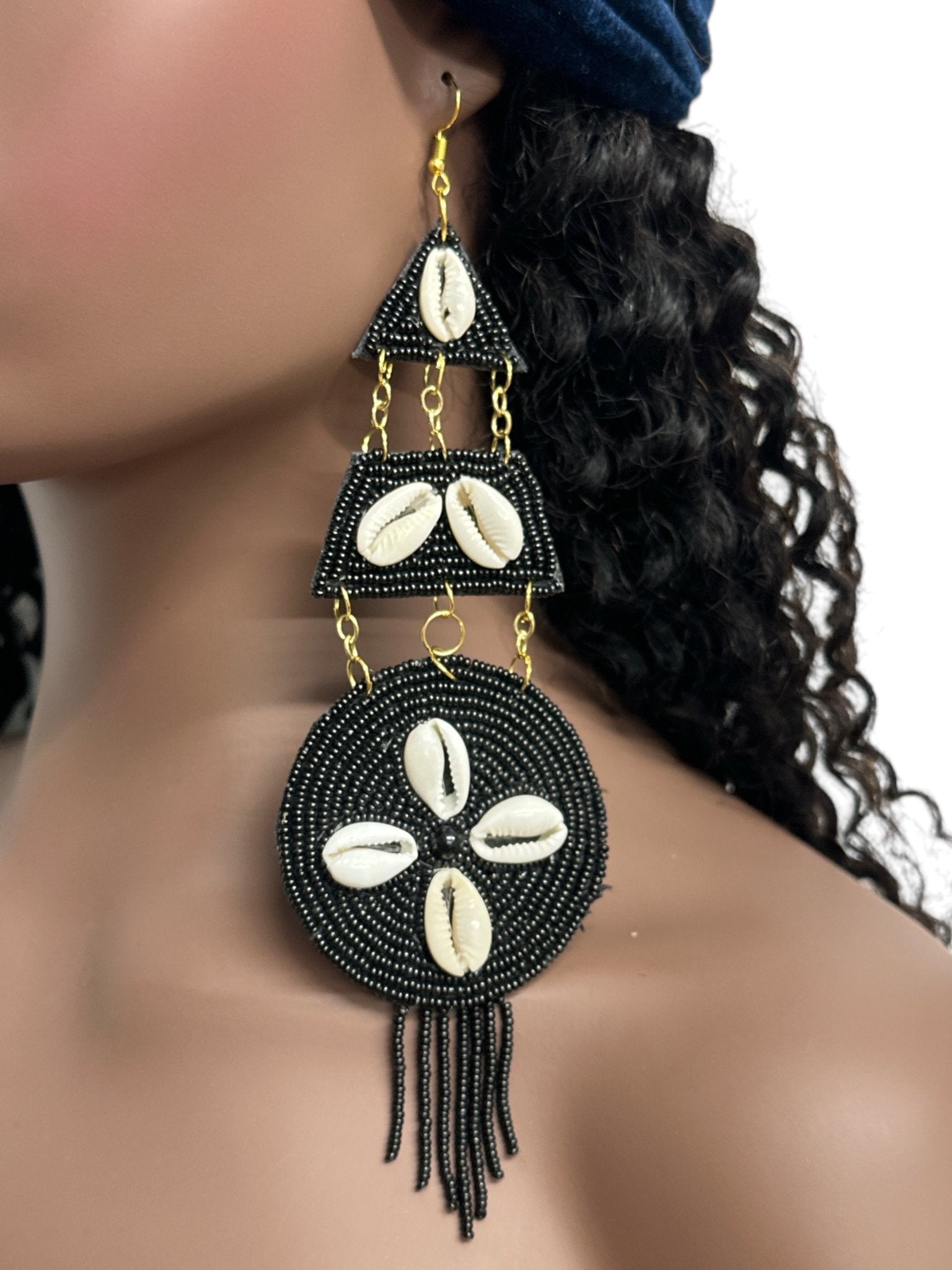 Handmade African Beaded Cowrie Shell Earrings – Long Statement Tribal Jewellery - Fatisha Boutique
