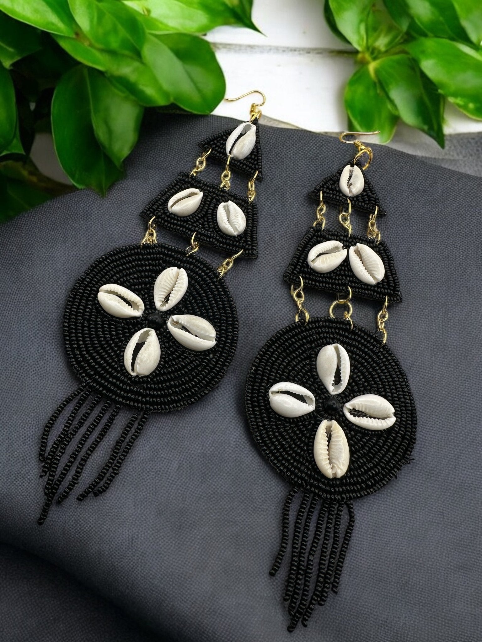 Handmade African Beaded Cowrie Shell Earrings – Long Statement Tribal Jewellery - Fatisha Boutique