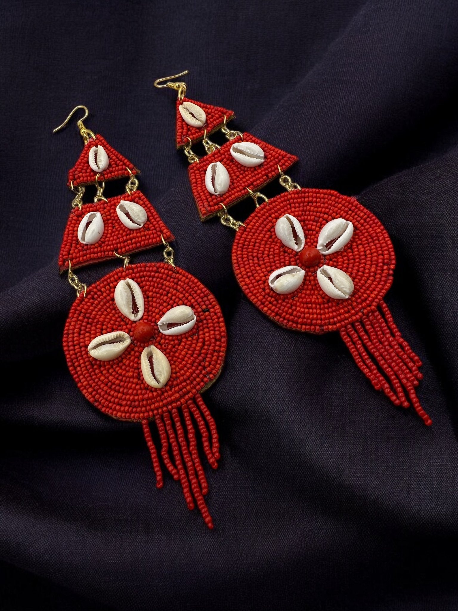 Handmade African Beaded Cowrie Shell Earrings – Long Statement Tribal Jewellery - Fatisha Boutique