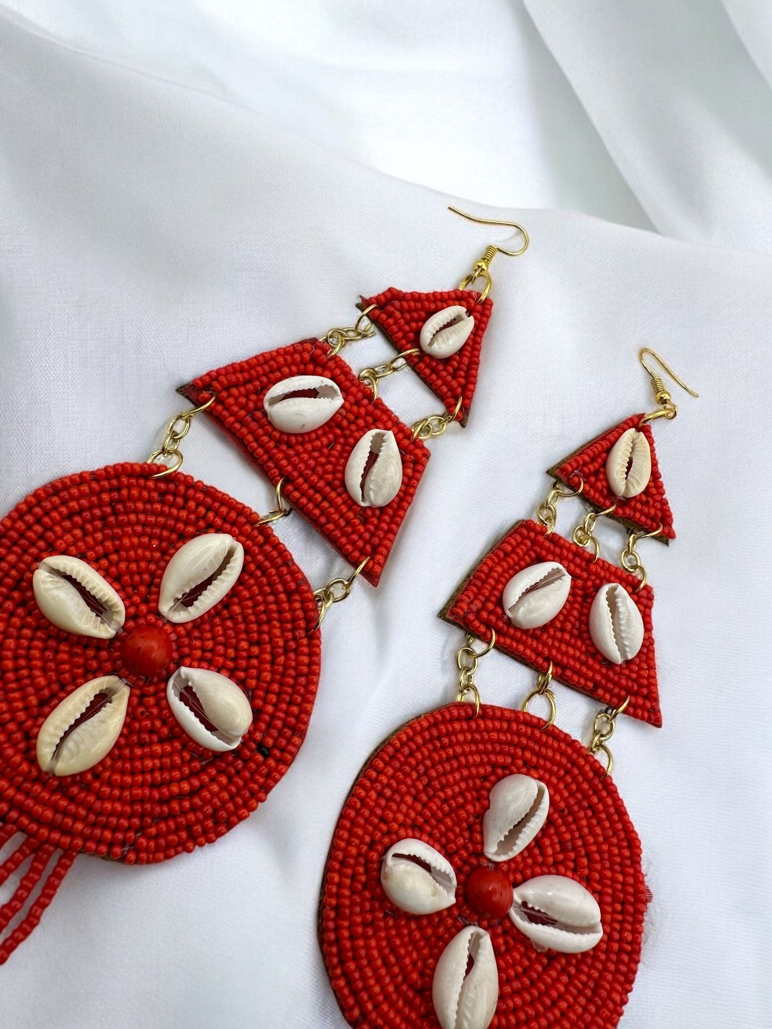 Handmade African Beaded Cowrie Shell Earrings – Long Statement Tribal Jewellery - Fatisha Boutique