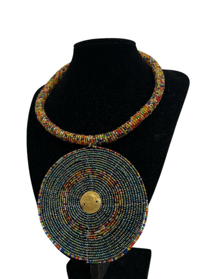 Handmade African Beaded Necklace with Round Pendant - Maasai - Inspired Tribal Jewellery - Fatisha Boutique