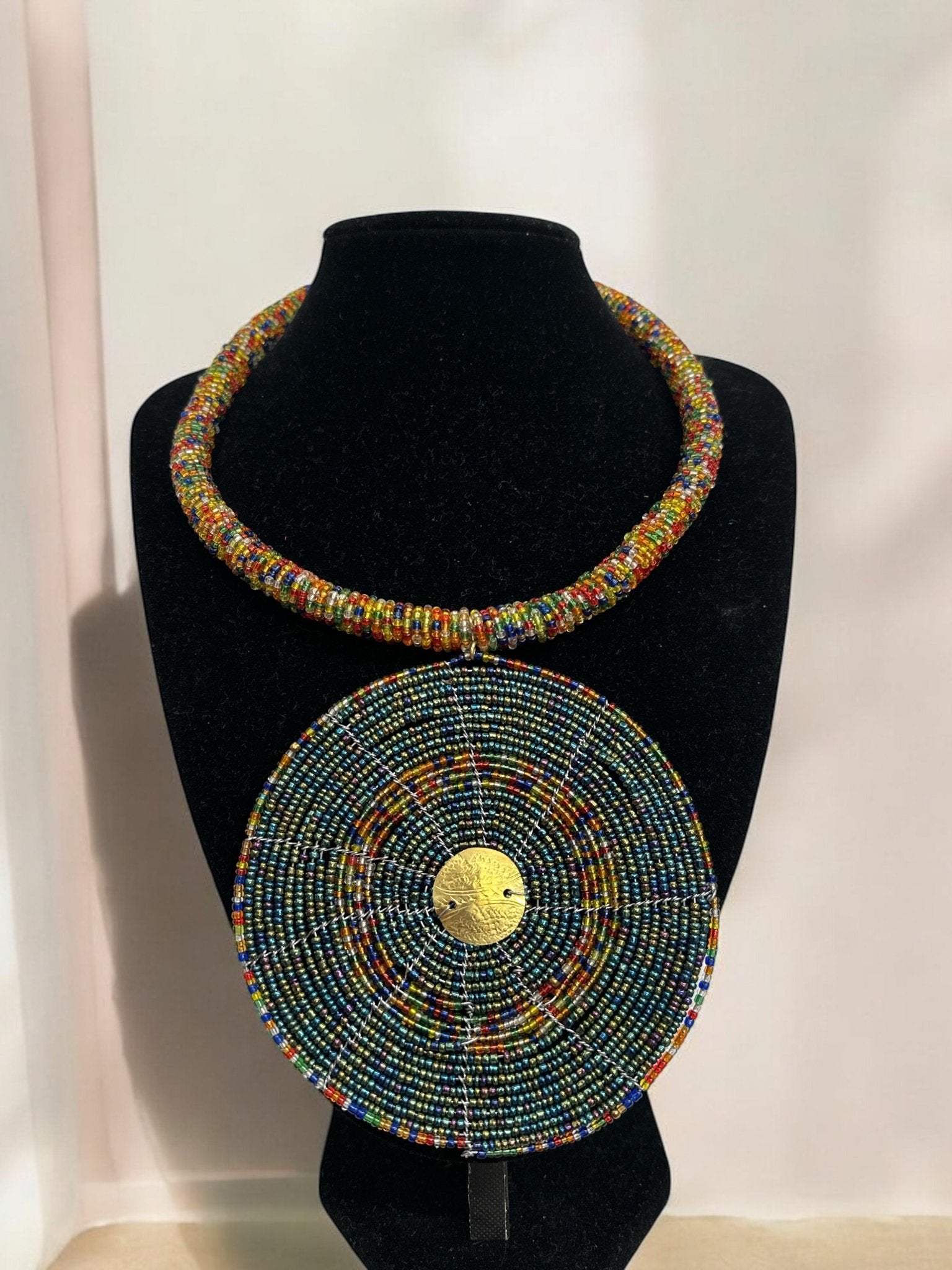 Handmade African Beaded Necklace with Round Pendant - Maasai - Inspired Tribal Jewellery - Fatisha Boutique