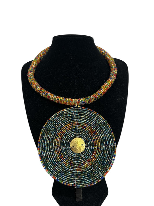 Handmade African Beaded Necklace with Round Pendant - Maasai - Inspired Tribal Jewellery - Fatisha Boutique