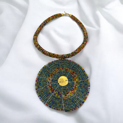 Handmade African Beaded Necklace with Round Pendant - Maasai - Inspired Tribal Jewellery - Fatisha Boutique
