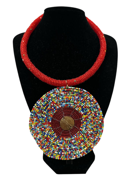 Handmade African Beaded Statement Necklace with Colourful Round Pendant - Fatisha Boutique