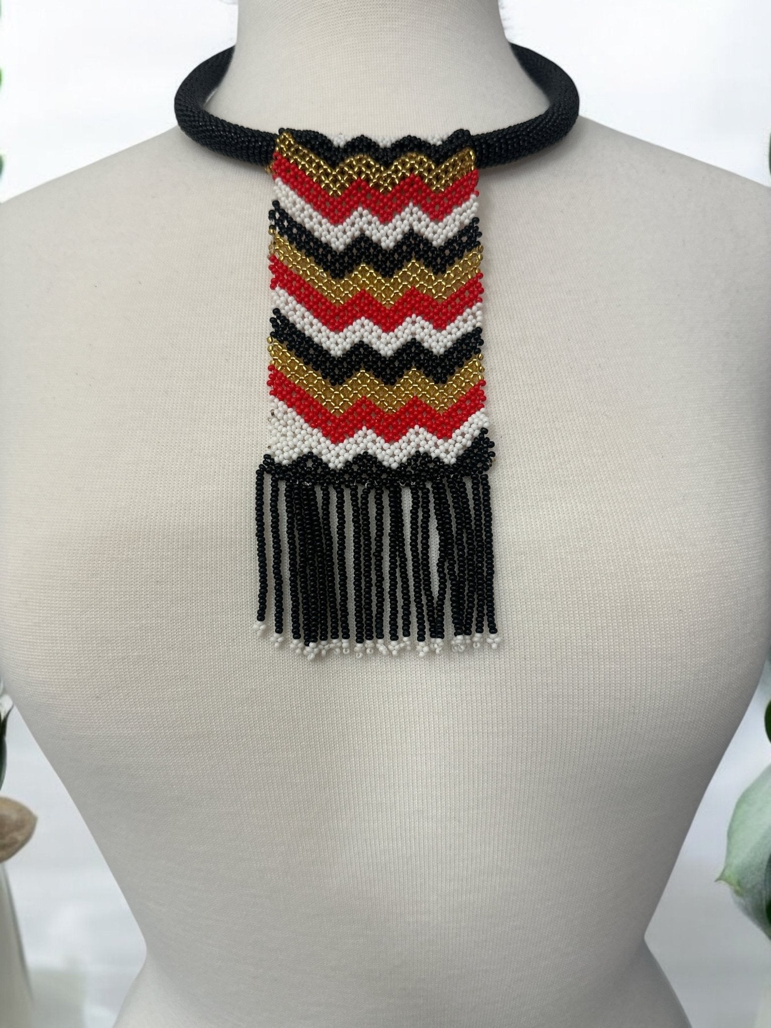 Handmade African Chevron Beaded Necklace with Fringe - Bold Tribal Design - Fatisha Boutique