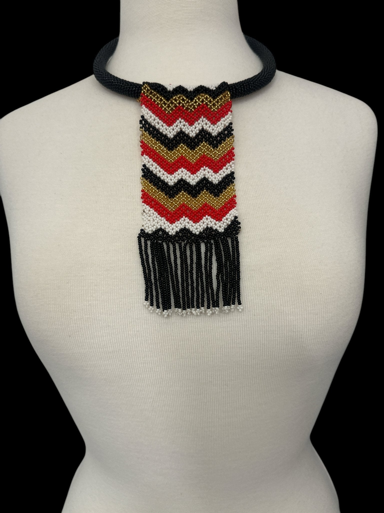 Handmade African Chevron Beaded Necklace with Fringe - Bold Tribal Design - Fatisha Boutique