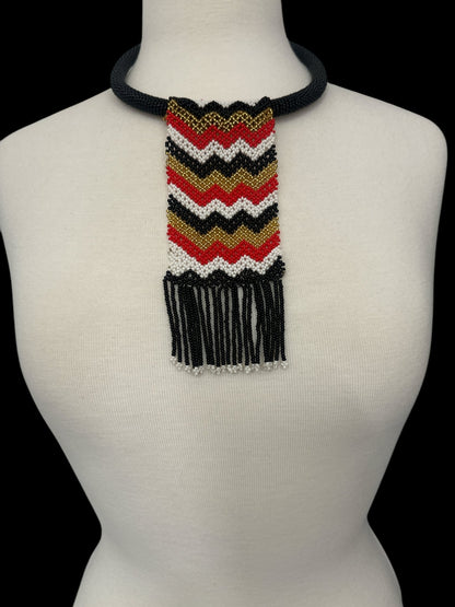 Handmade African Chevron Beaded Necklace with Fringe - Bold Tribal Design - Fatisha Boutique