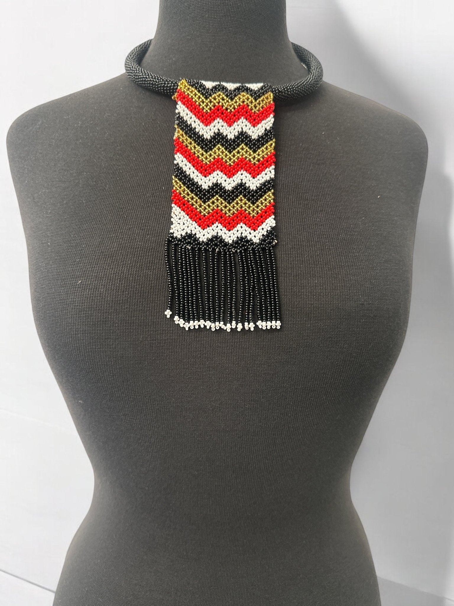 Handmade African Chevron Beaded Necklace with Fringe - Bold Tribal Design - Fatisha Boutique