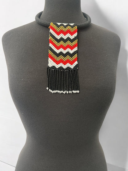 Handmade African Chevron Beaded Necklace with Fringe - Bold Tribal Design - Fatisha Boutique