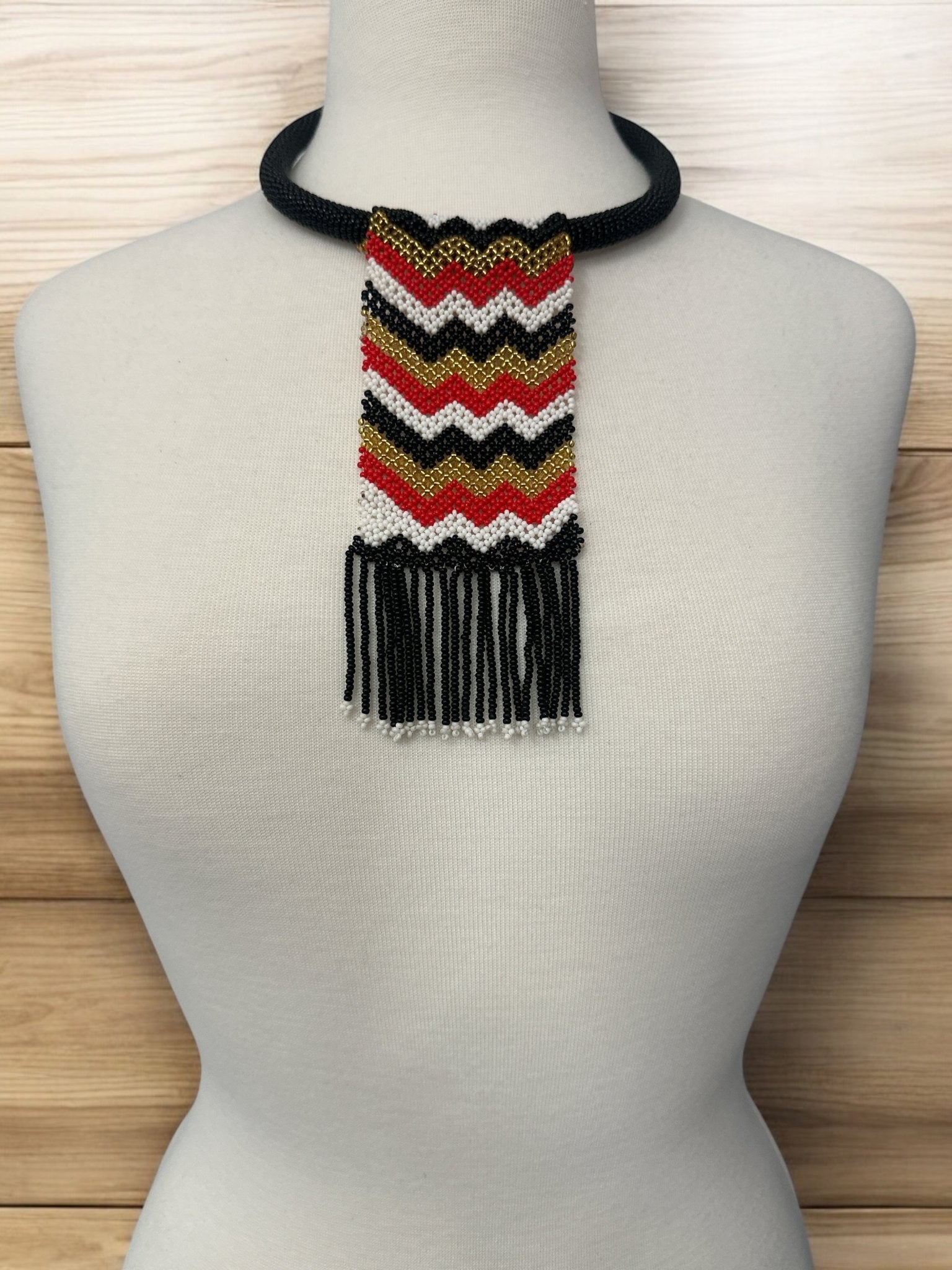 Handmade African Chevron Beaded Necklace with Fringe - Bold Tribal Design - Fatisha Boutique