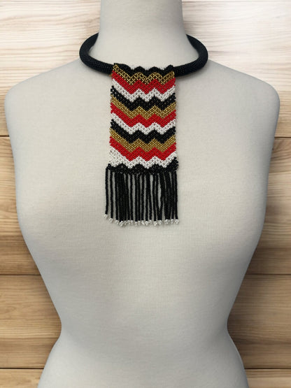 Handmade African Chevron Beaded Necklace with Fringe - Bold Tribal Design - Fatisha Boutique