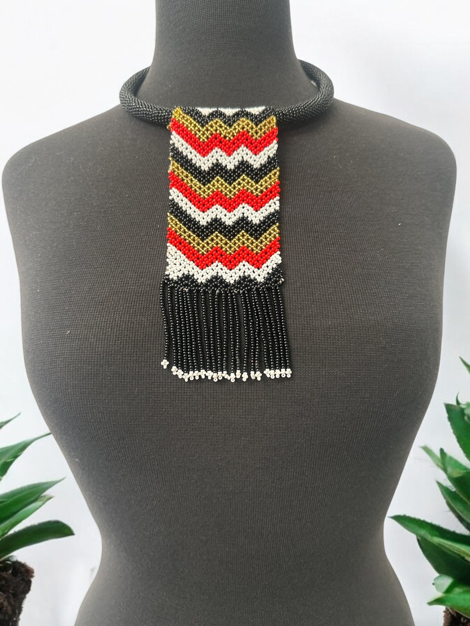Handmade African Chevron Beaded Necklace with Fringe - Bold Tribal Design - Fatisha Boutique