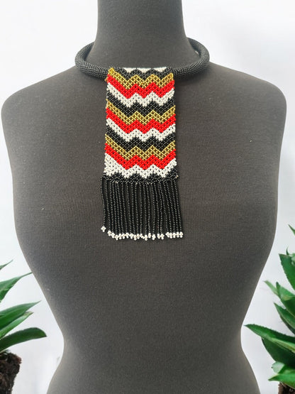 Handmade African Chevron Beaded Necklace with Fringe - Bold Tribal Design - Fatisha Boutique