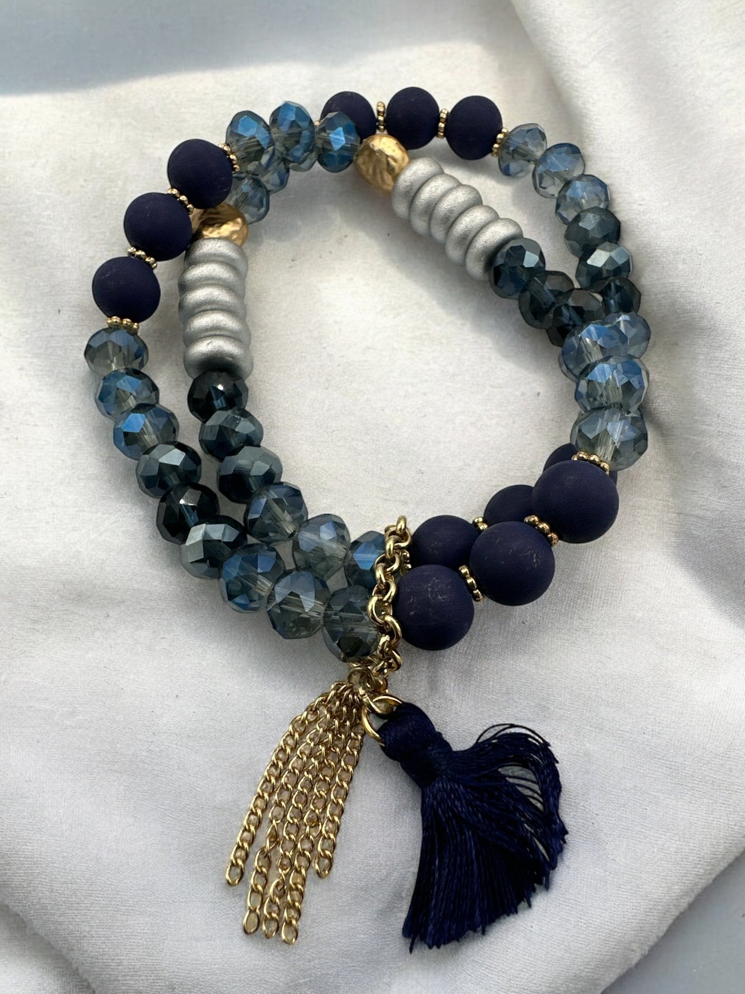 Handmade Beaded Bracelet – Navy Blue and Metallic Faceted Beads with Gold Accent - Fatisha Boutique