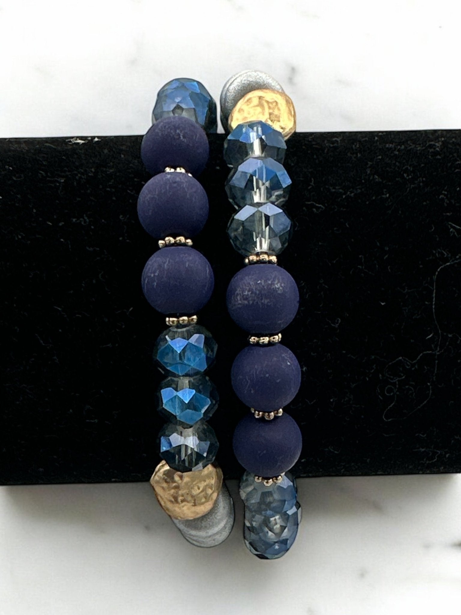 Handmade Beaded Bracelet – Navy Blue and Metallic Faceted Beads with Gold Accent - Fatisha Boutique