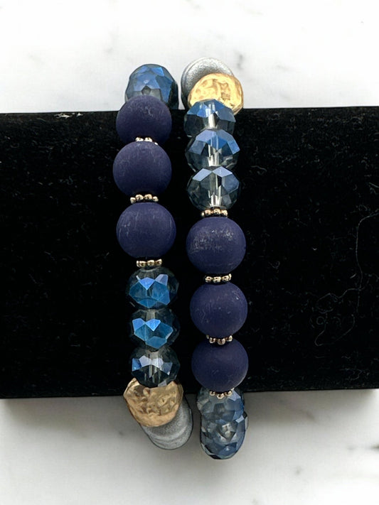 Handmade Beaded Bracelet – Navy Blue and Metallic Faceted Beads with Gold Accent - Fatisha Boutique