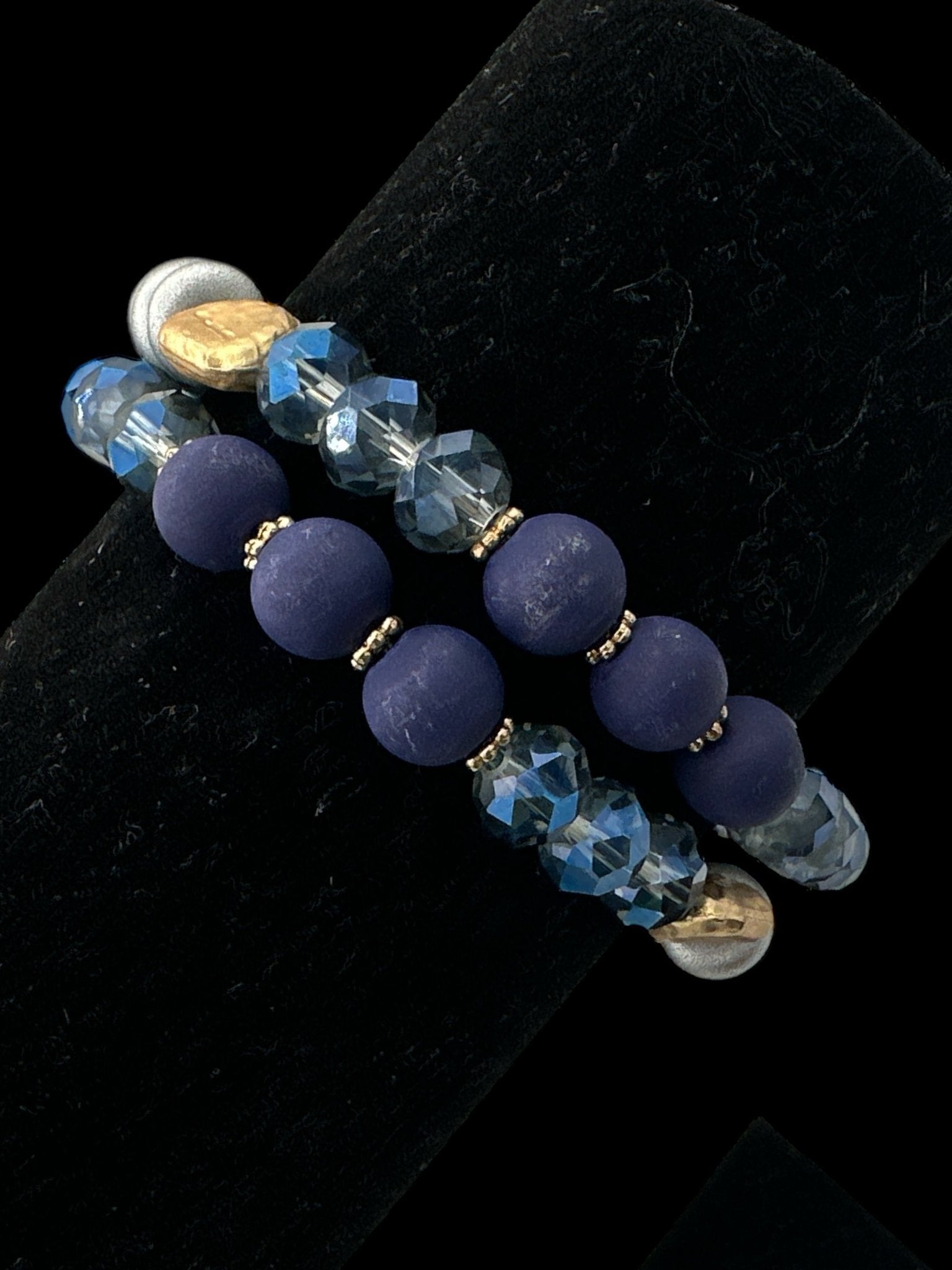 Handmade Beaded Bracelet – Navy Blue and Metallic Faceted Beads with Gold Accent - Fatisha Boutique