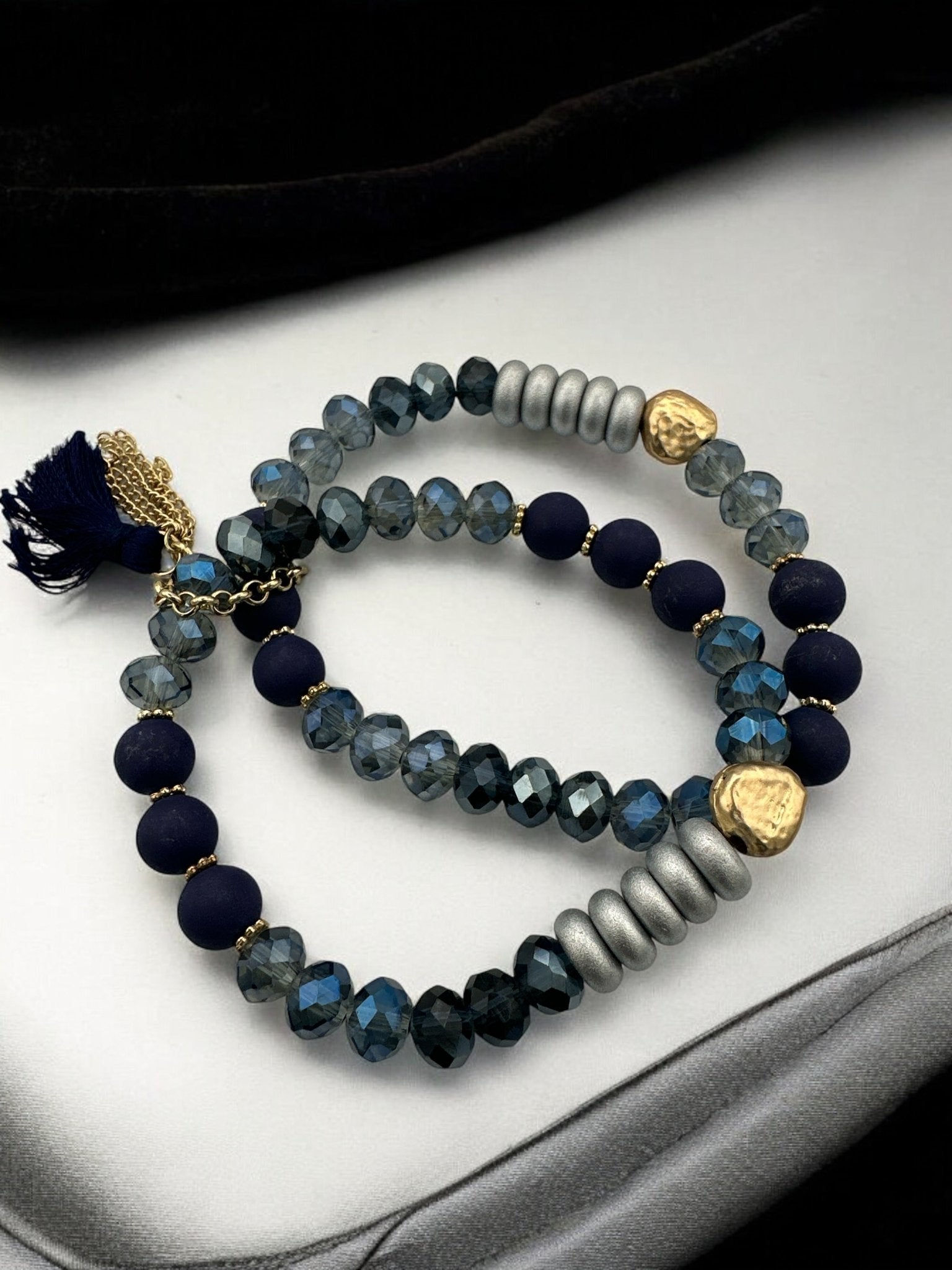 Handmade Beaded Bracelet – Navy Blue and Metallic Faceted Beads with Gold Accent - Fatisha Boutique