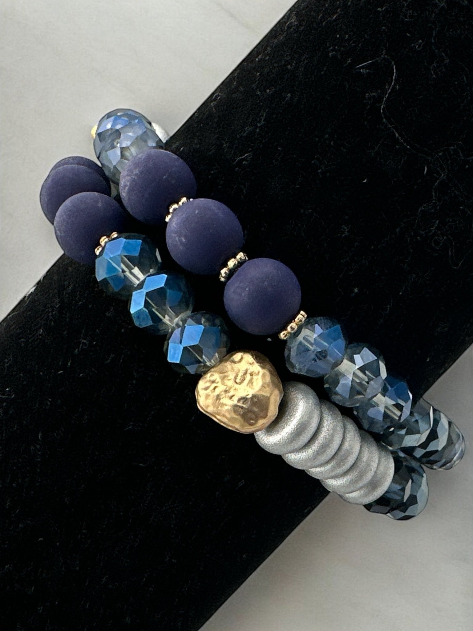 Handmade Beaded Bracelet – Navy Blue and Metallic Faceted Beads with Gold Accent - Fatisha Boutique