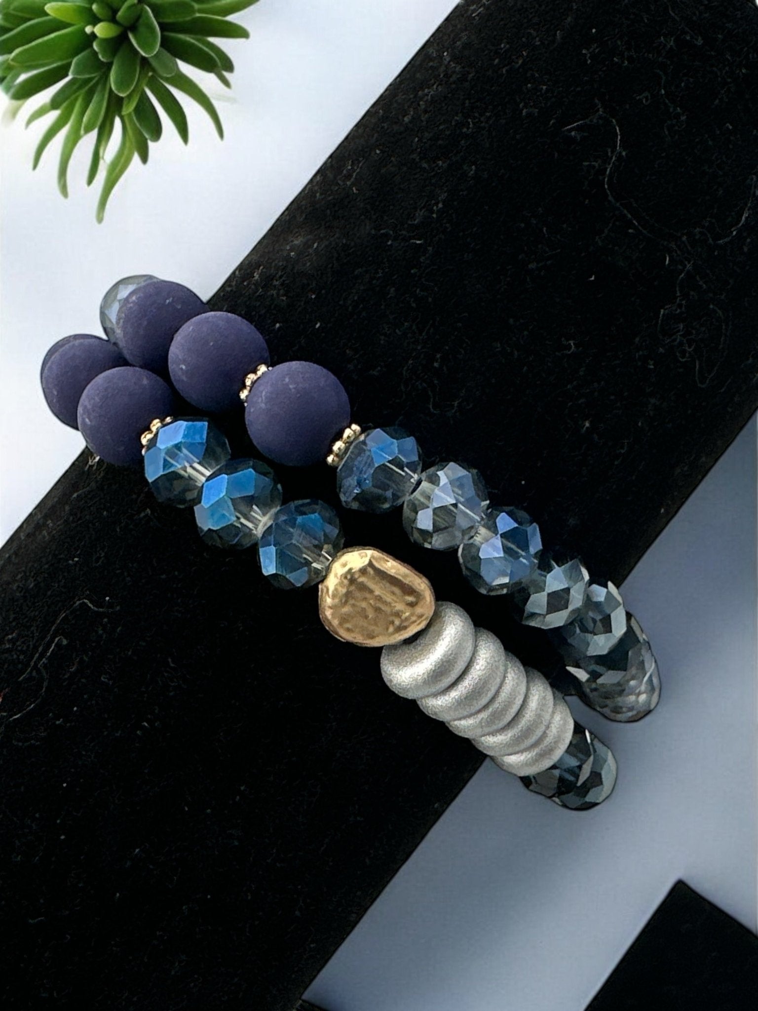 Handmade Beaded Bracelet – Navy Blue and Metallic Faceted Beads with Gold Accent - Fatisha Boutique