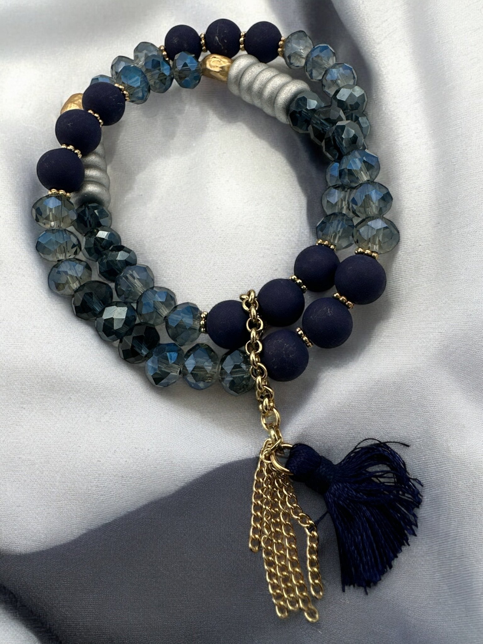 Handmade Beaded Bracelet – Navy Blue and Metallic Faceted Beads with Gold Accent - Fatisha Boutique