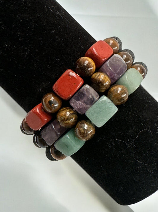 Handmade Beaded Bracelet Set – Lava, Tiger Eye, Amethyst & Aventurine - Fatisha Boutique
