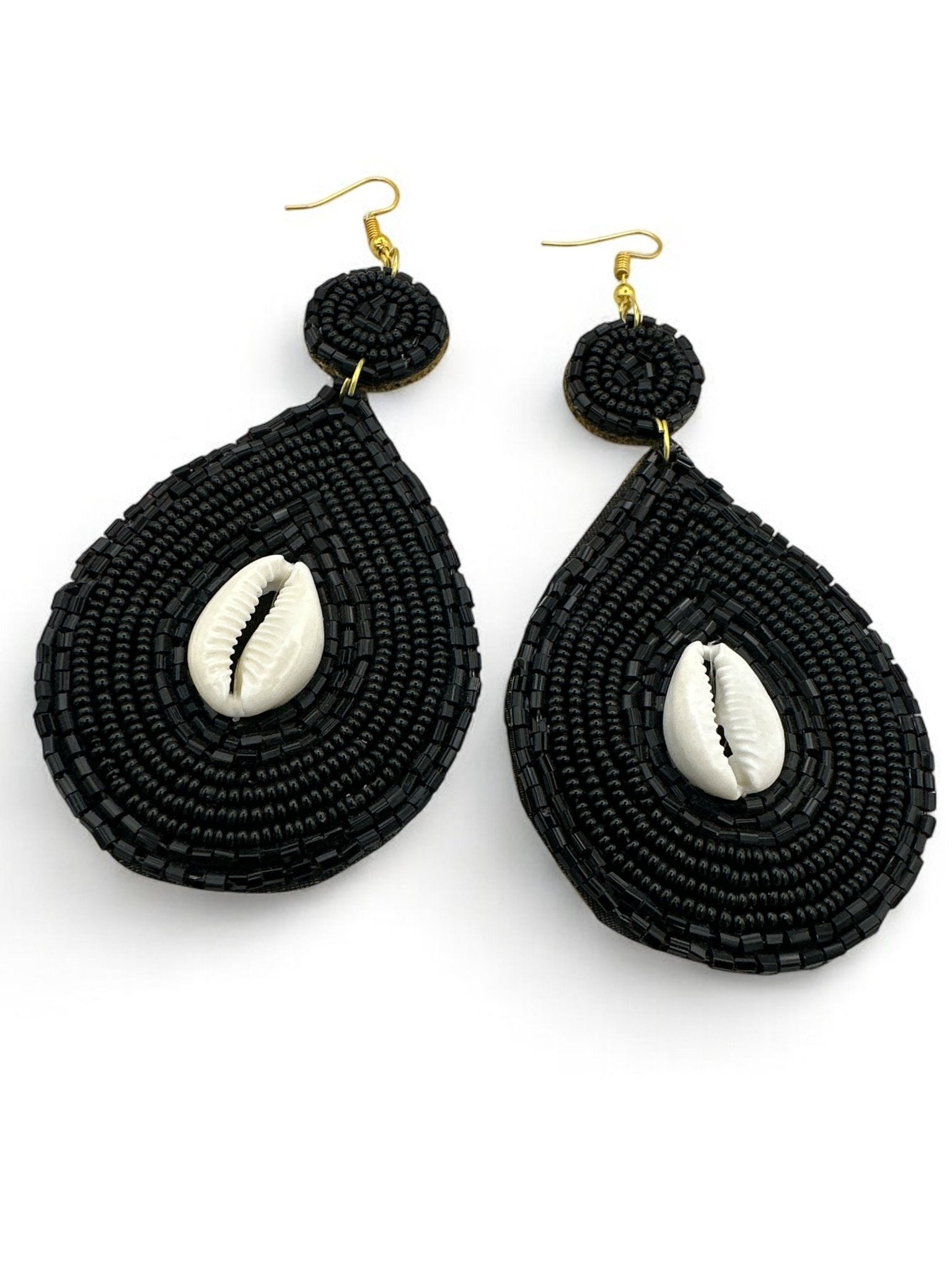 Handmade Black Beaded Cowrie Shell Earrings - Fatisha Boutique