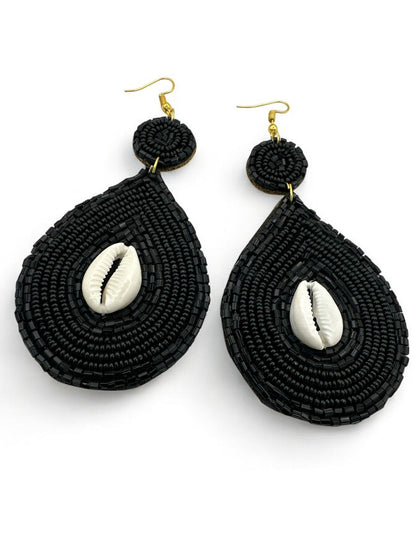 Handmade Black Beaded Cowrie Shell Earrings - Fatisha Boutique