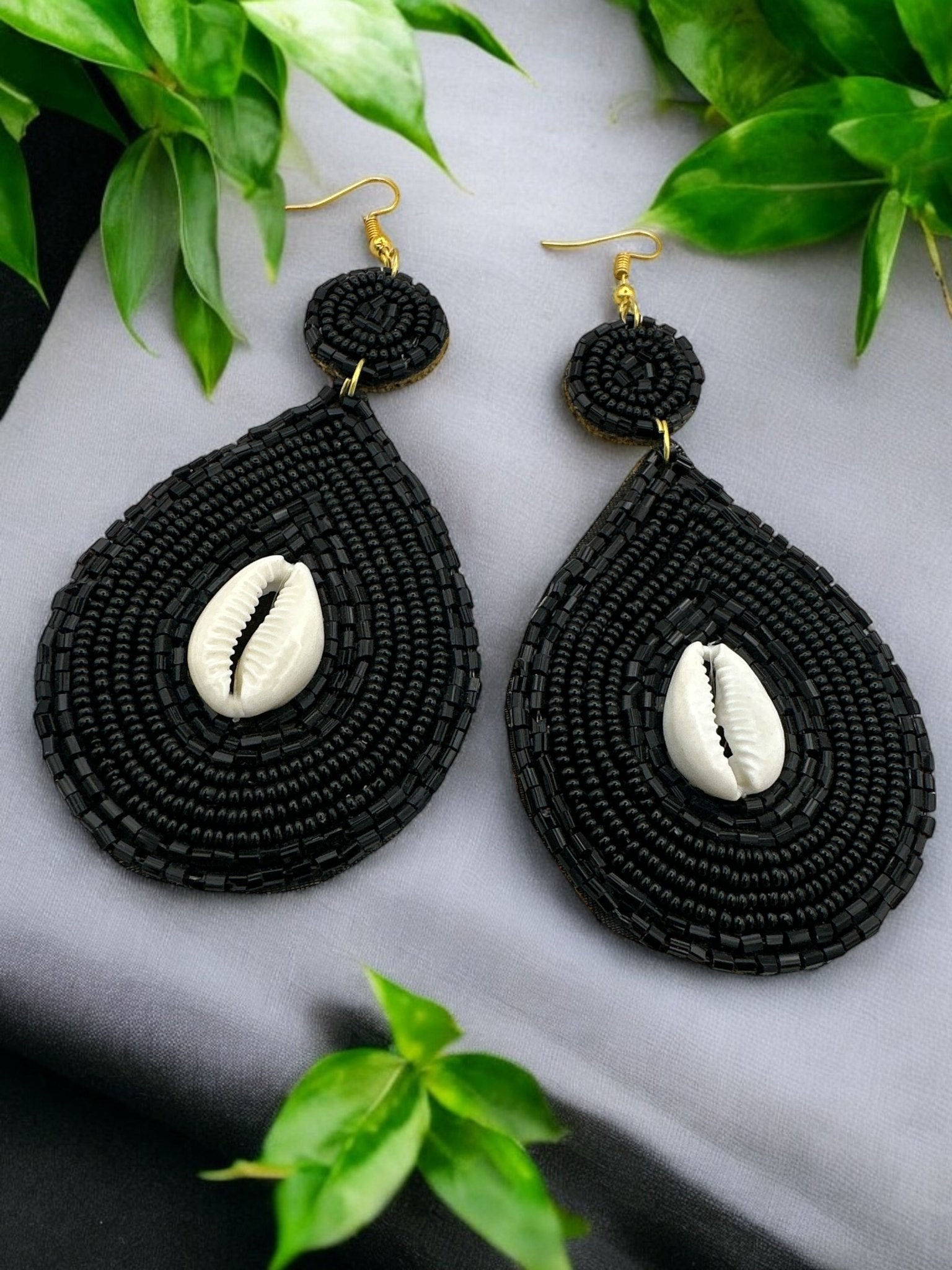 Handmade Black Beaded Cowrie Shell Earrings - Fatisha Boutique