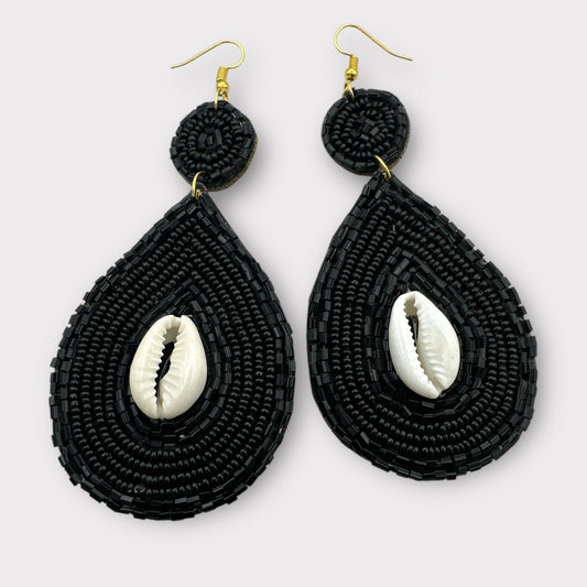 Handmade Black Beaded Cowrie Shell Earrings – Tribal Ethnic Dangle Jewelry with Boho Island Vibes - Fatisha Boutique