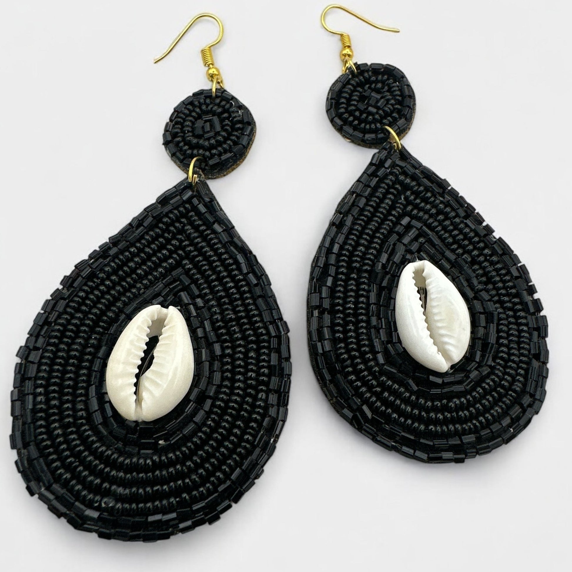 Handmade Black Beaded Cowrie Shell Earrings – Tribal Ethnic Dangle Jewelry with Boho Island Vibes - Fatisha Boutique