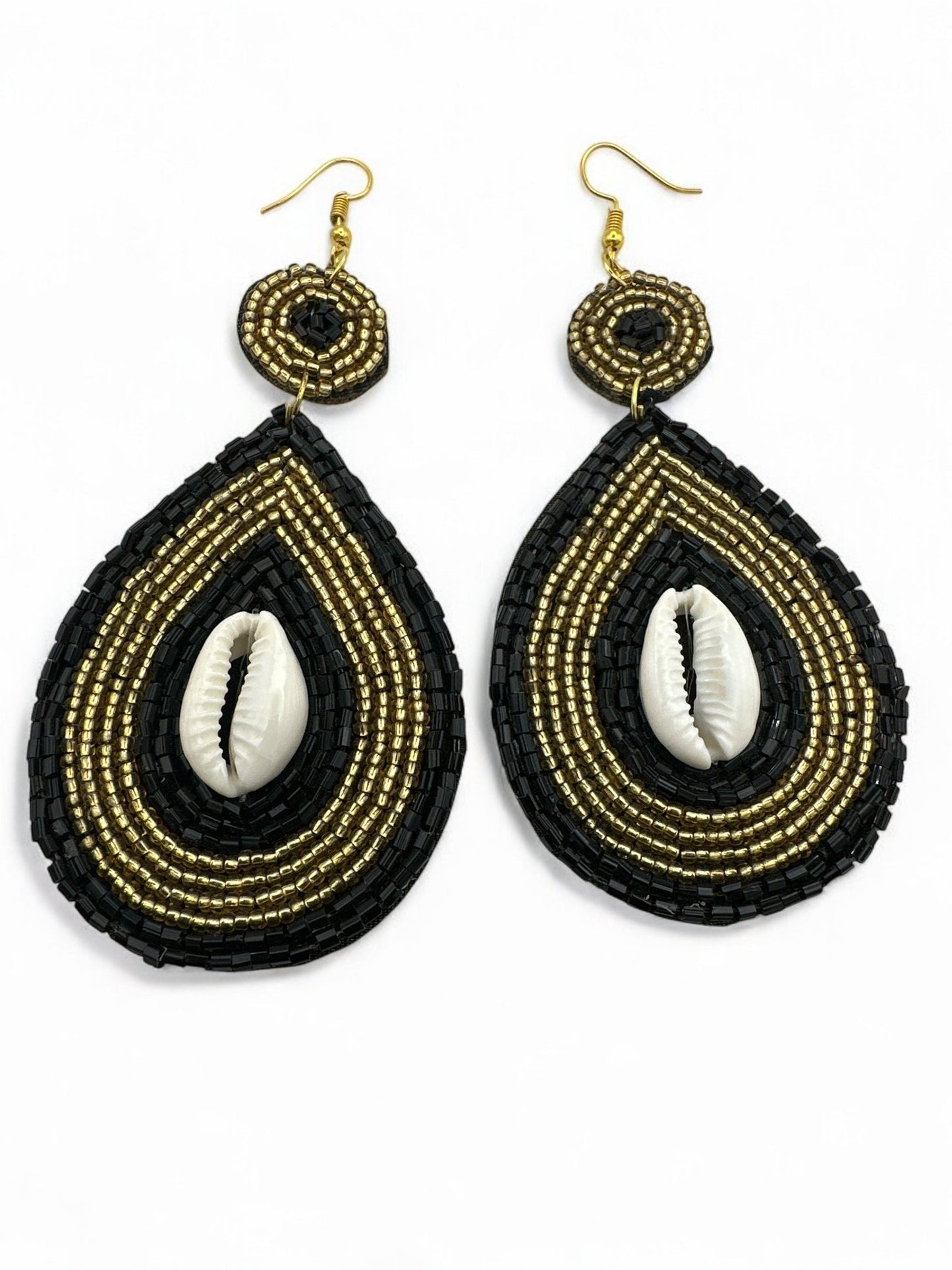Handmade Black & Gold Beaded Cowrie Shell Earrings - Fatisha Boutique
