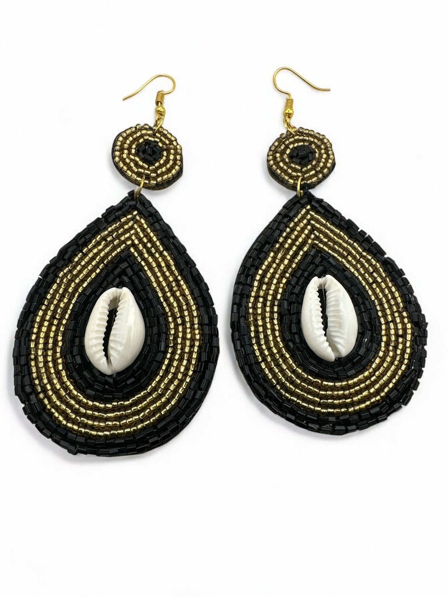 Handmade Black & Gold Beaded Cowrie Shell Earrings - Fatisha Boutique