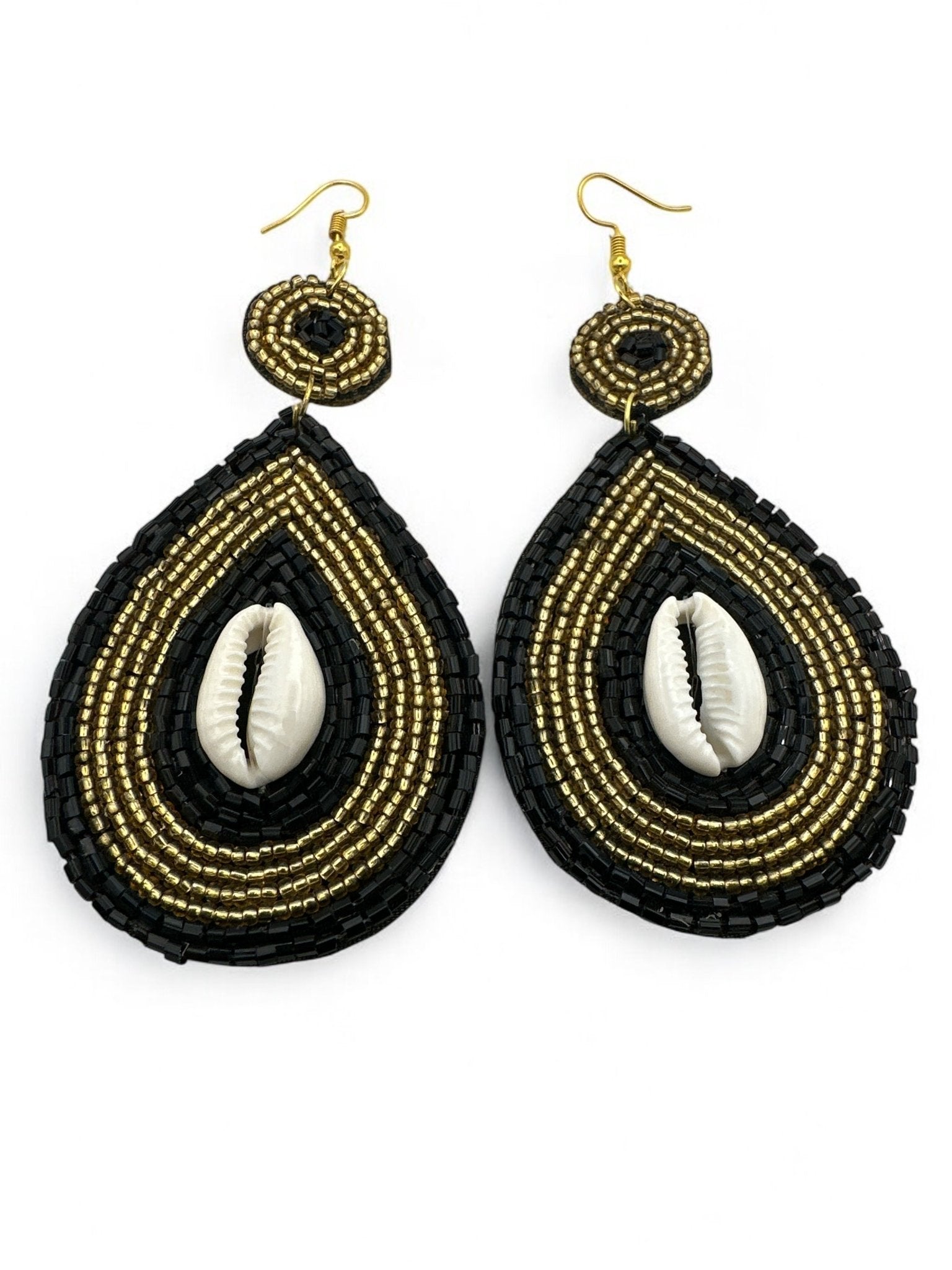 Handmade Black & Gold Beaded Cowrie Shell Earrings - Fatisha Boutique