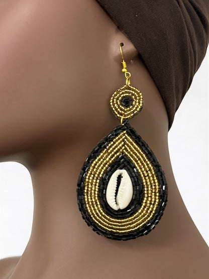 Handmade Black & Gold Beaded Cowrie Shell Earrings - Fatisha Boutique