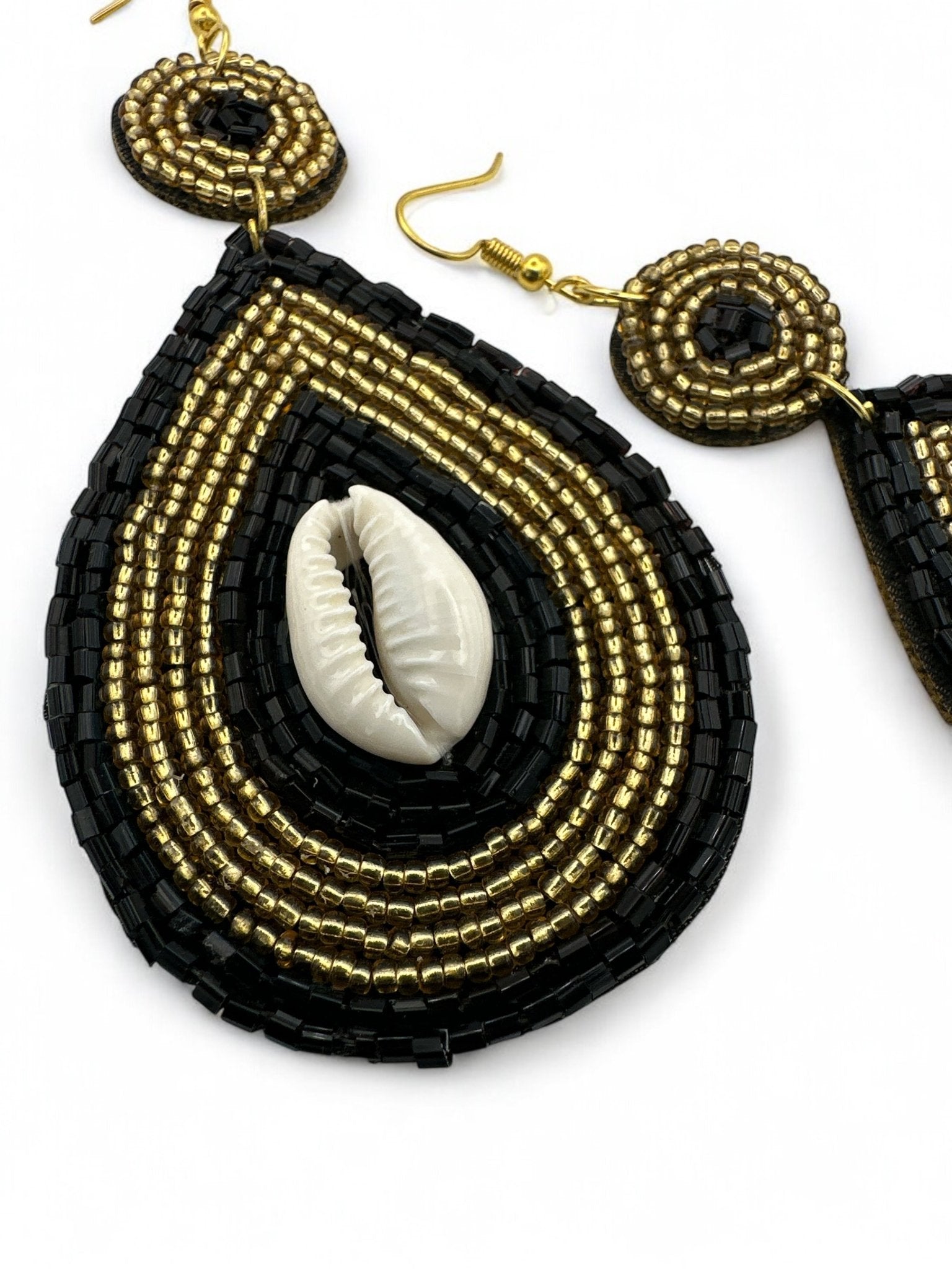 Handmade Black & Gold Beaded Cowrie Shell Earrings - Fatisha Boutique