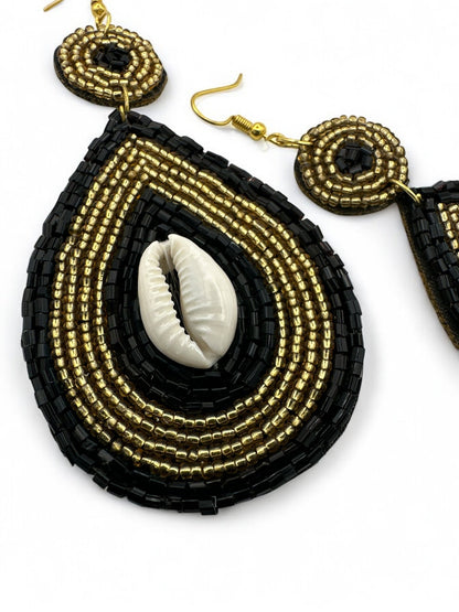 Handmade Black & Gold Beaded Cowrie Shell Earrings - Fatisha Boutique