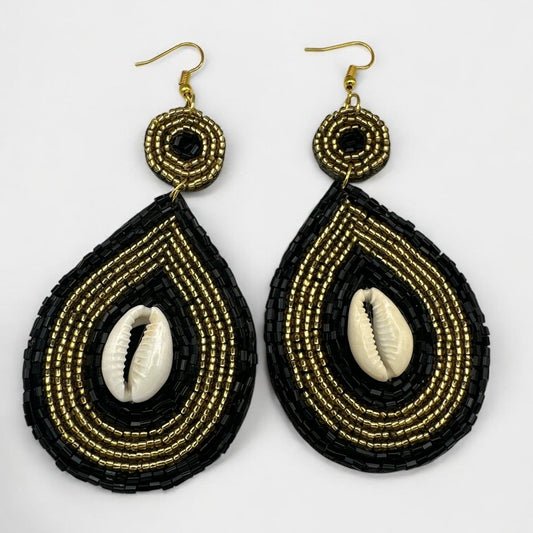 Handmade Black & Gold Cowrie Shell Earrings – Ethnic Beaded Dangle Jewellery with Tribal Vibes - Fatisha Boutique