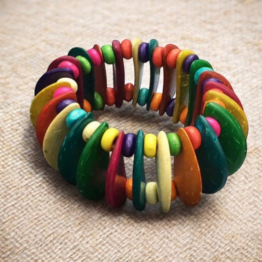 Handmade Coconut Shell Beaded Bracelet – Multi - Coloured Eco - Friendly Bangle - Fatisha Boutique