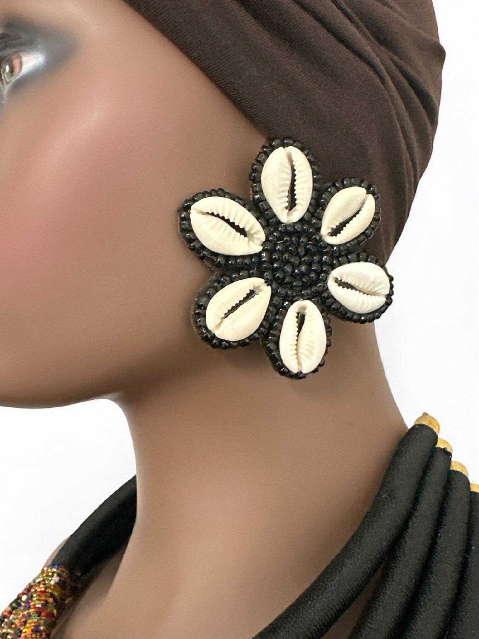 Handmade Cowrie Shell Beaded Earrings - Floral Statement Design - Fatisha Boutique